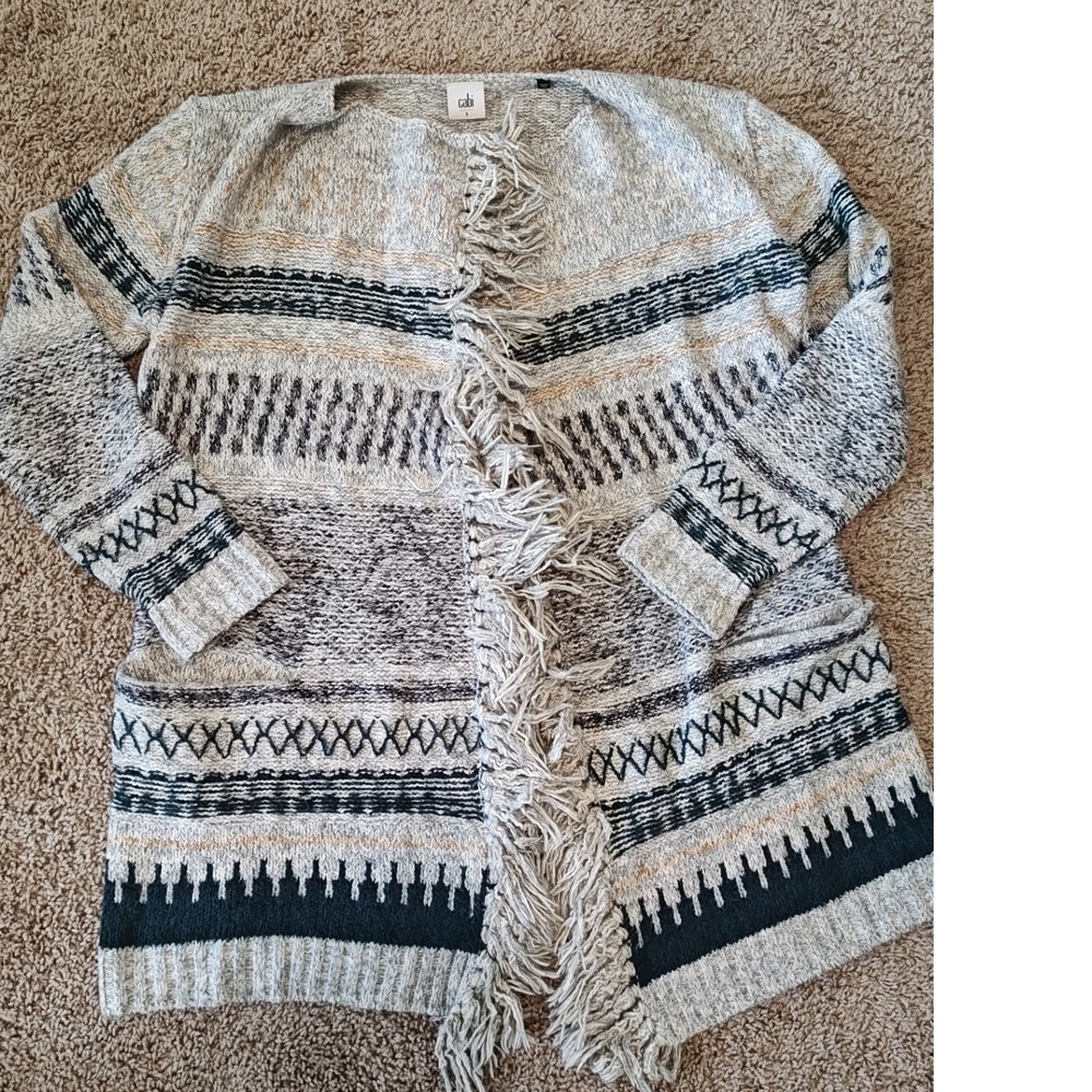 Cabi Cabin Cardigan Sweater Gray Multi Fringe Open Front Knit Style 3701 Small
